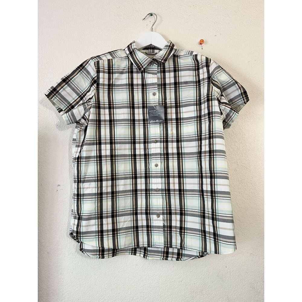 Eddie Bauer Womens Short-Sleeve Plaid Button-Up Shirt Large Green/Black New $60
